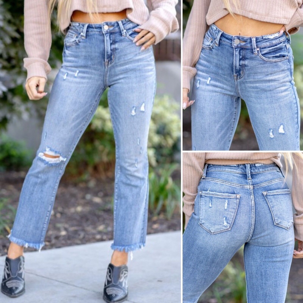 High-Rise Light Blue Distressed Boot Cut Jeans for Women